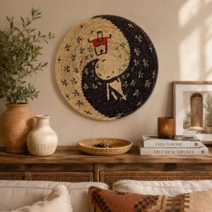 Handwoven African Wall Basket 14 Inch | Black Natural & Red Woven Basket | Boho Wall Decor | Tribal Woven Wall Art | Ethnic Home Decor