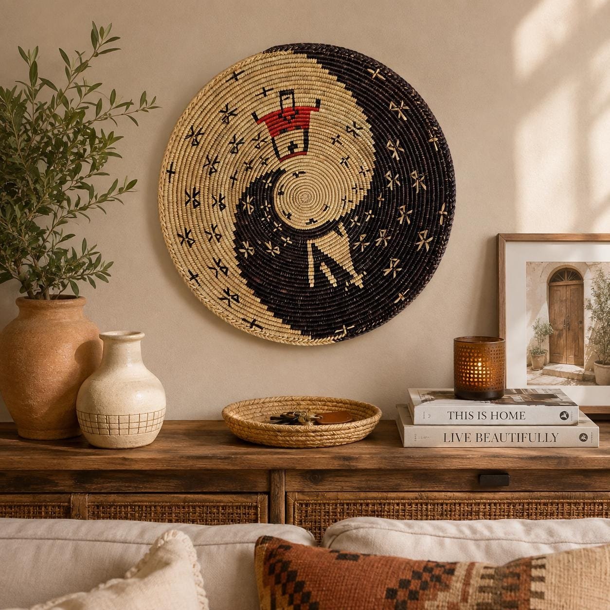 Handwoven African Wall Basket 14 Inch | Black Natural & Red Woven Basket | Boho Wall Decor | Tribal Woven Wall Art | Ethnic Home Decor