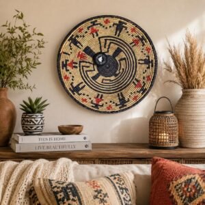 Handwoven African Wall Basket 14 Inch | Black Natural & Rust Woven Wall Art | Boho Basket Decor | Tribal Geometric Wall Hanging
