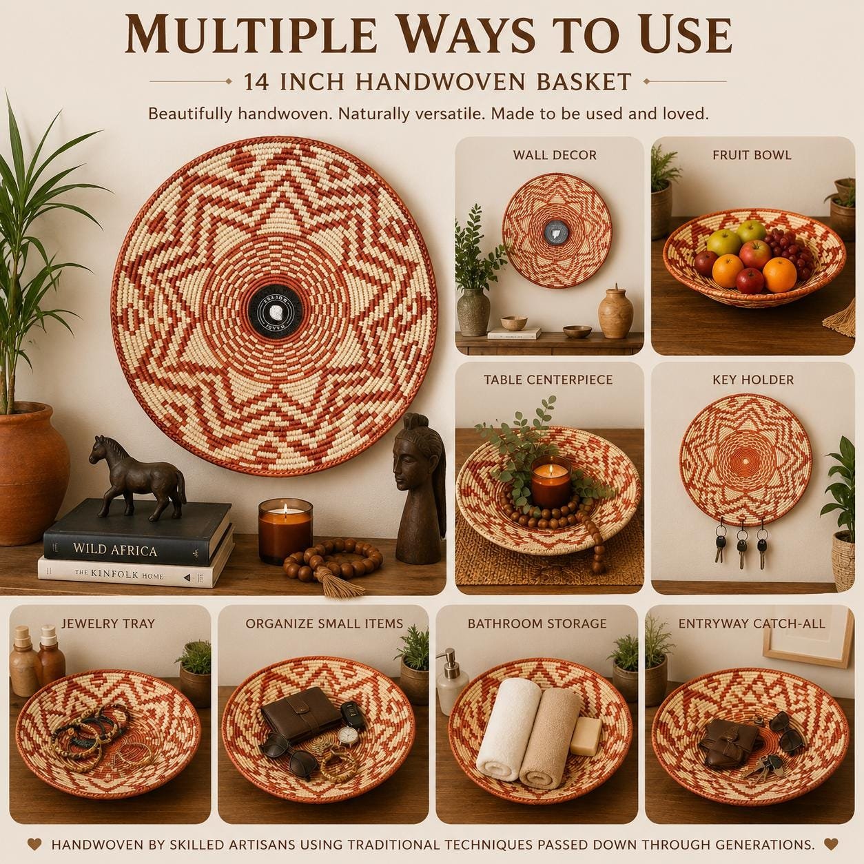 Rust Halo 13" Handwoven Boho Wall Basket, Rust Navy Cream Sunburst Wall Decor, African Wall Basket Bohemian Wall Art Home Decor - Image 2
