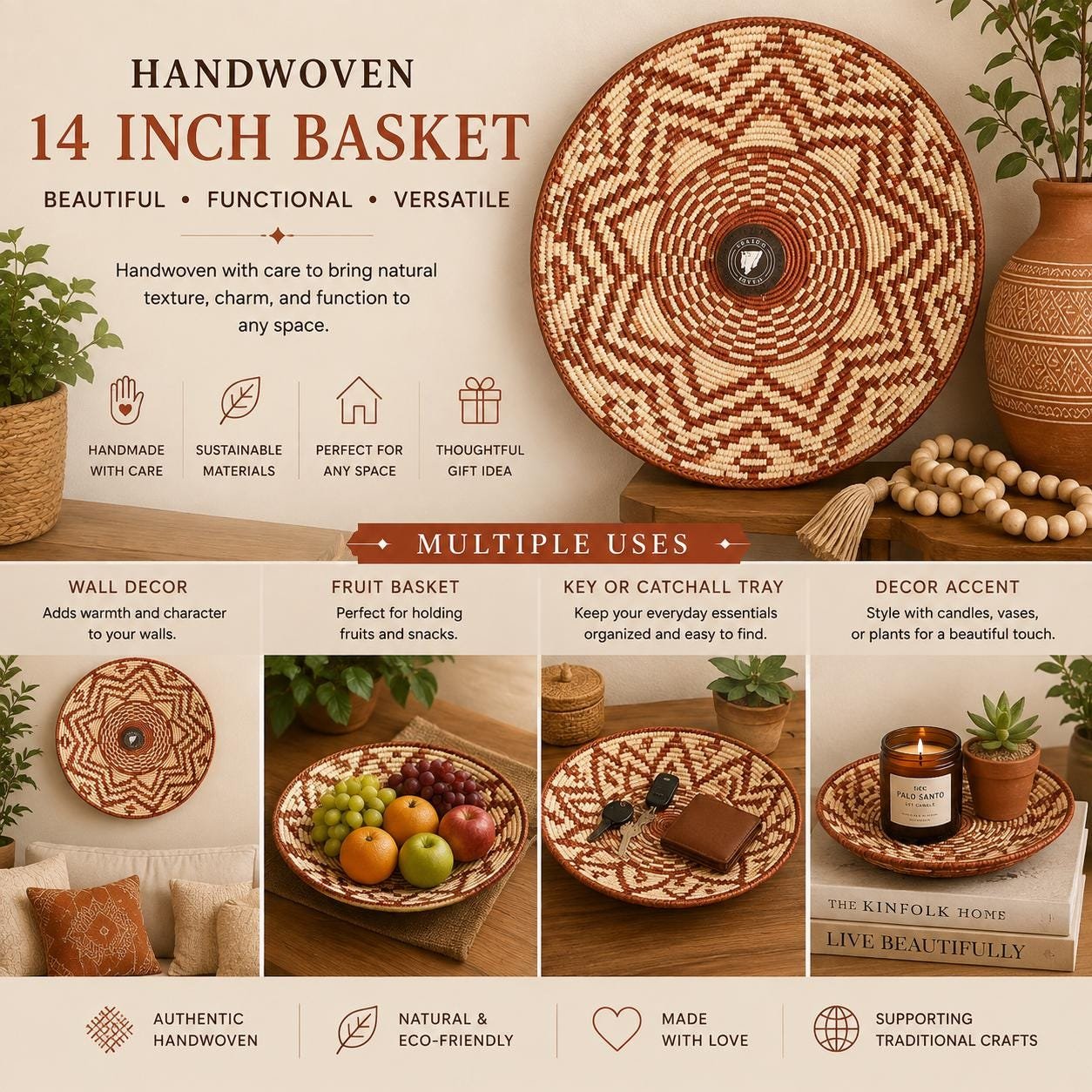 Rust Halo 13" Handwoven Boho Wall Basket, Rust Navy Cream Sunburst Wall Decor, African Wall Basket Bohemian Wall Art Home Decor - Image 3
