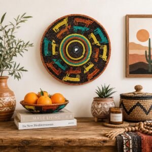 Handwoven African Wall Basket 14 Inch, Colorful Boho Woven Basket, Black Orange Teal Yellow Wall Decor, Fruit Bowl, Decorative Tray