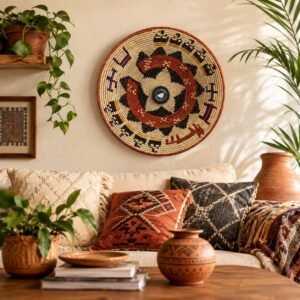 14" African Woven Wall Basket | Rust Cream & Black Boho Wall Decor | Handmade Geometric Basket | Tribal Wall Art | Eclectic Home Decor