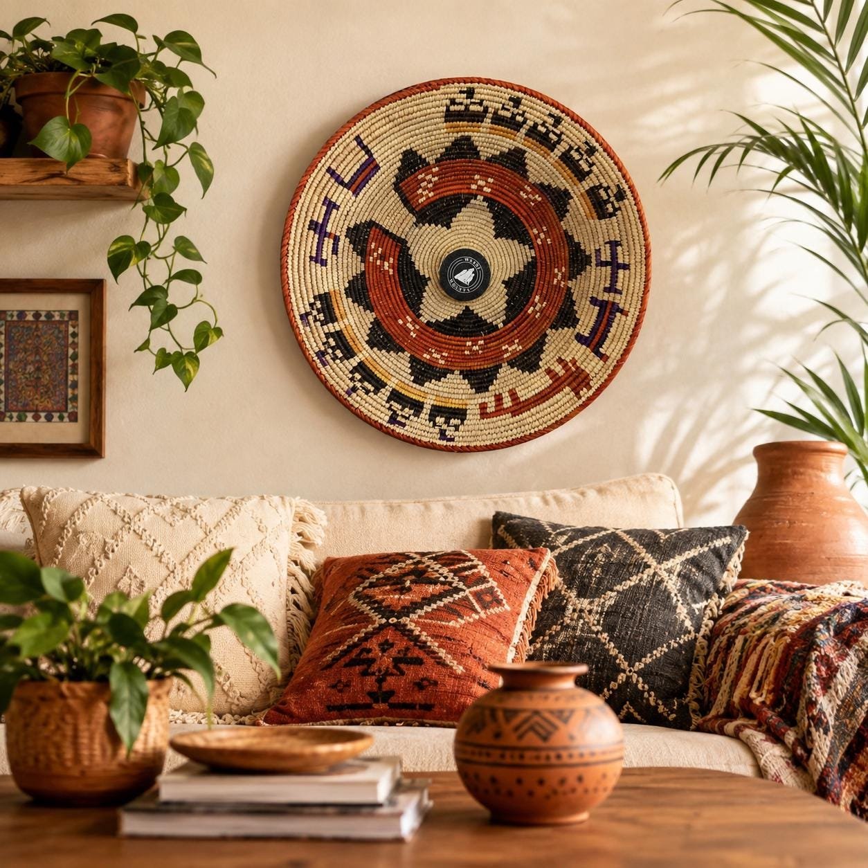 14" African Woven Wall Basket | Rust Cream & Black Boho Wall Decor | Handmade Geometric Basket | Tribal Wall Art | Eclectic Home Decor