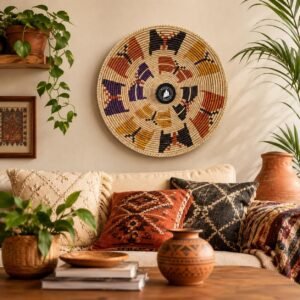 Handwoven African Wall Basket 14 Inch | Colorful Woven Wall Decor | Boho Raffia Basket | Tribal Wall Art | Ethnic Home Decor