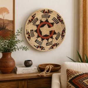 Handwoven Wall Basket 14 Inch | African Inspired Woven Wall Art | Rust Brown & Natural Boho Basket | Geometric Wall Decor