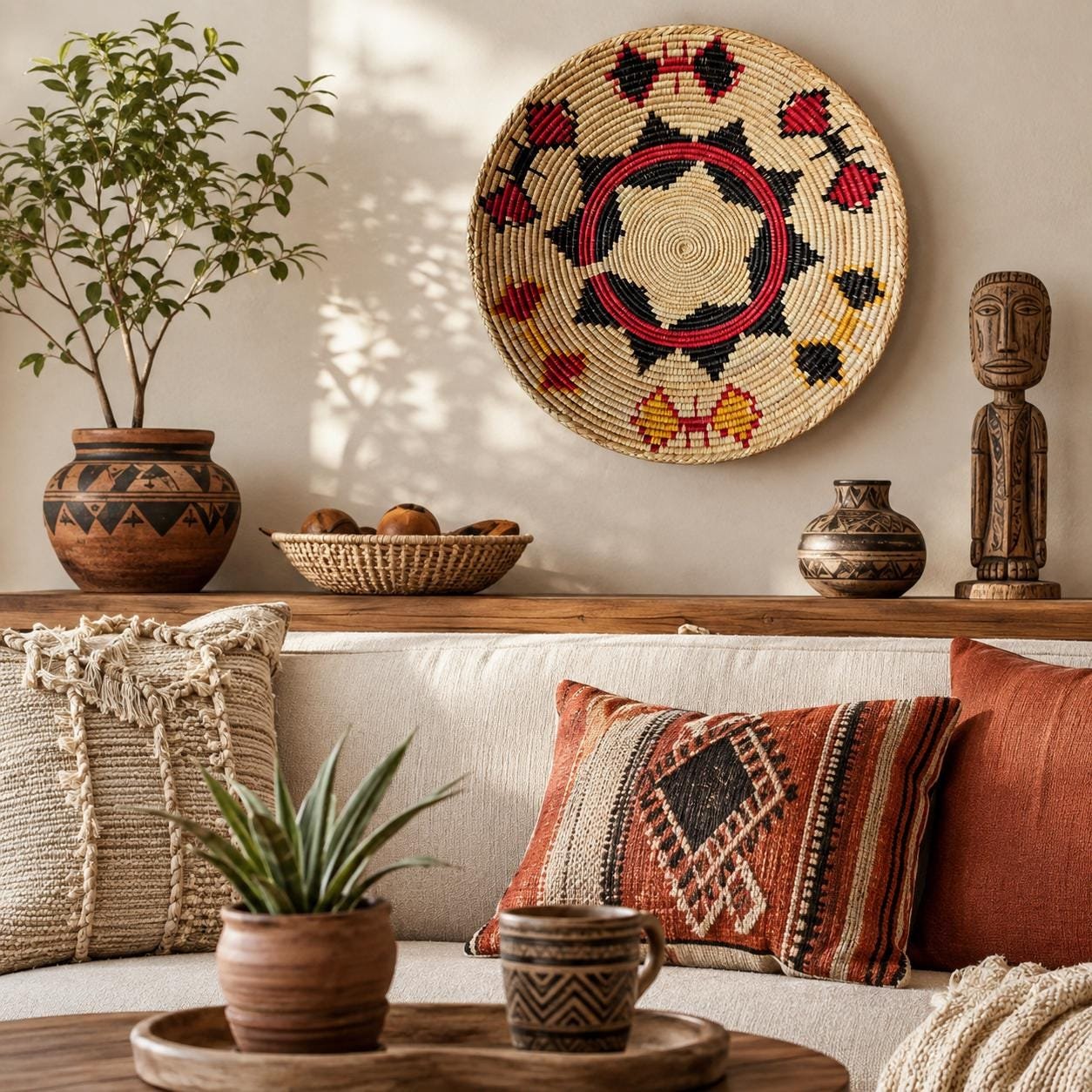 Handwoven Wall Basket 14 Inch | Pink Black Natural Woven Wall Decor | Boho Raffia Basket | Geometric Wall Art | Colorful Home Decor - Image 3