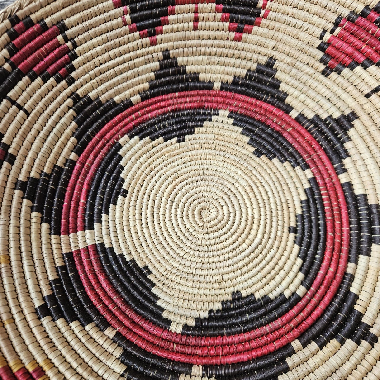 Handwoven Wall Basket 14 Inch | Pink Black Natural Woven Wall Decor | Boho Raffia Basket | Geometric Wall Art | Colorful Home Decor - Image 5