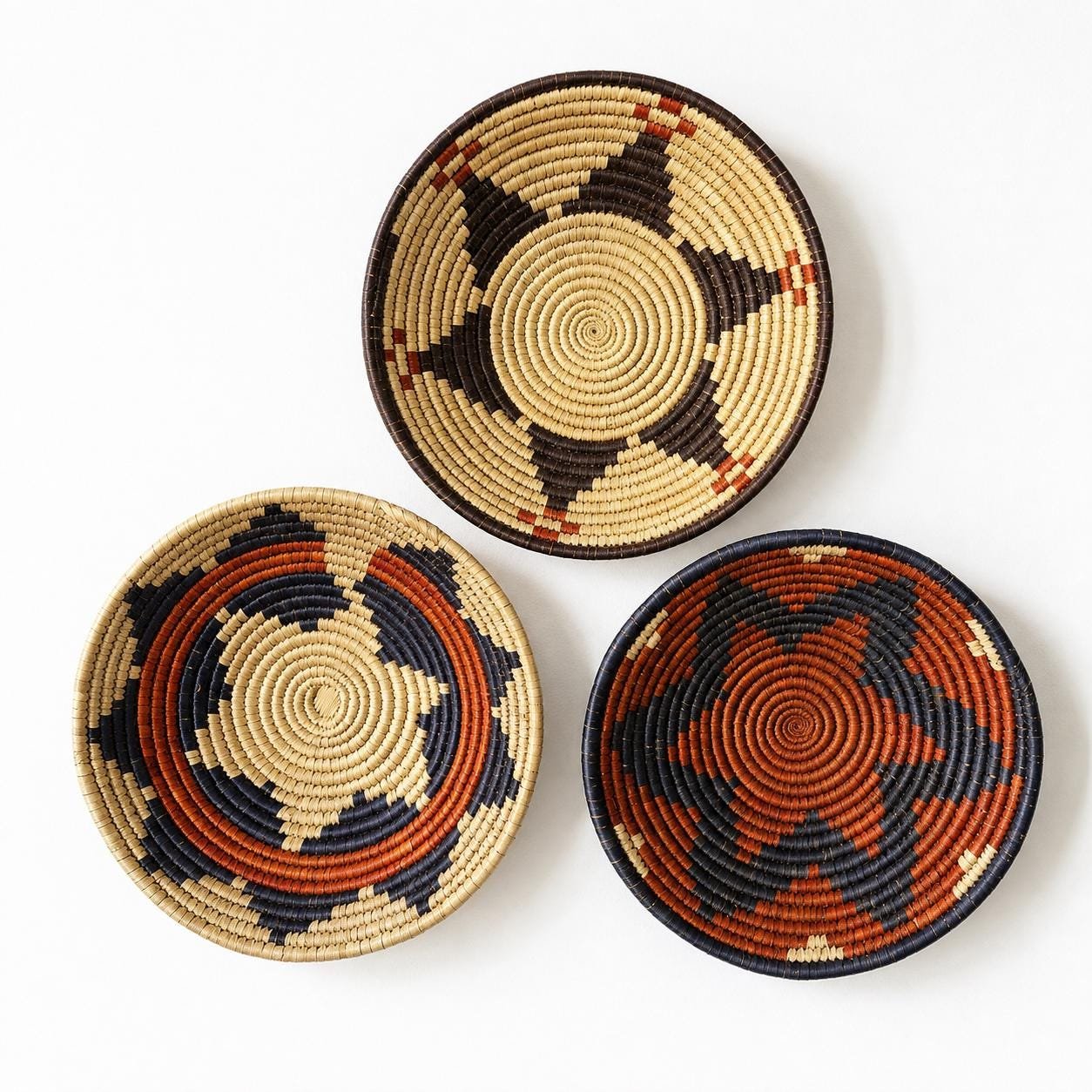 Set of 3 Handwoven Wall Baskets 8 Inch | Boho Woven Wall Decor | Terracotta Navy Cream Basket Set | Eclectic Gallery Wall Art - Image 3