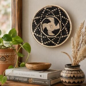 Handwoven Black & Natural Wall Basket 8 Inch | Boho Woven Wall Decor | African Inspired Basket | Decorative Bowl | Neutral Home Decor