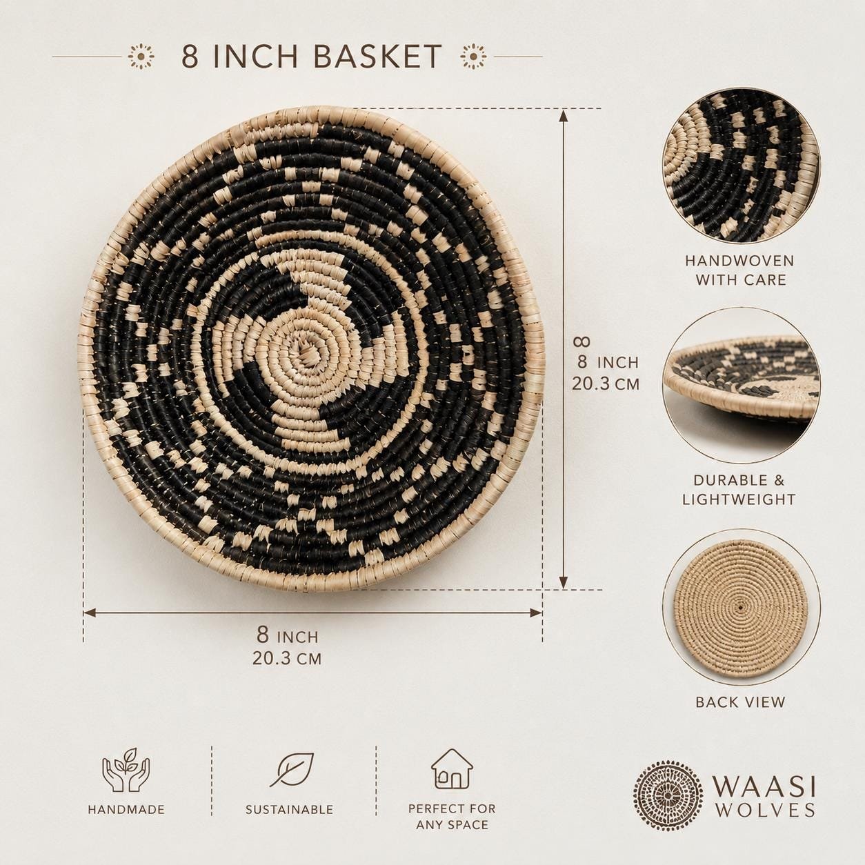 Handwoven Black & Natural Wall Basket 8 Inch | Boho Woven Wall Decor | African Inspired Basket | Decorative Bowl | Neutral Home Decor - Image 2
