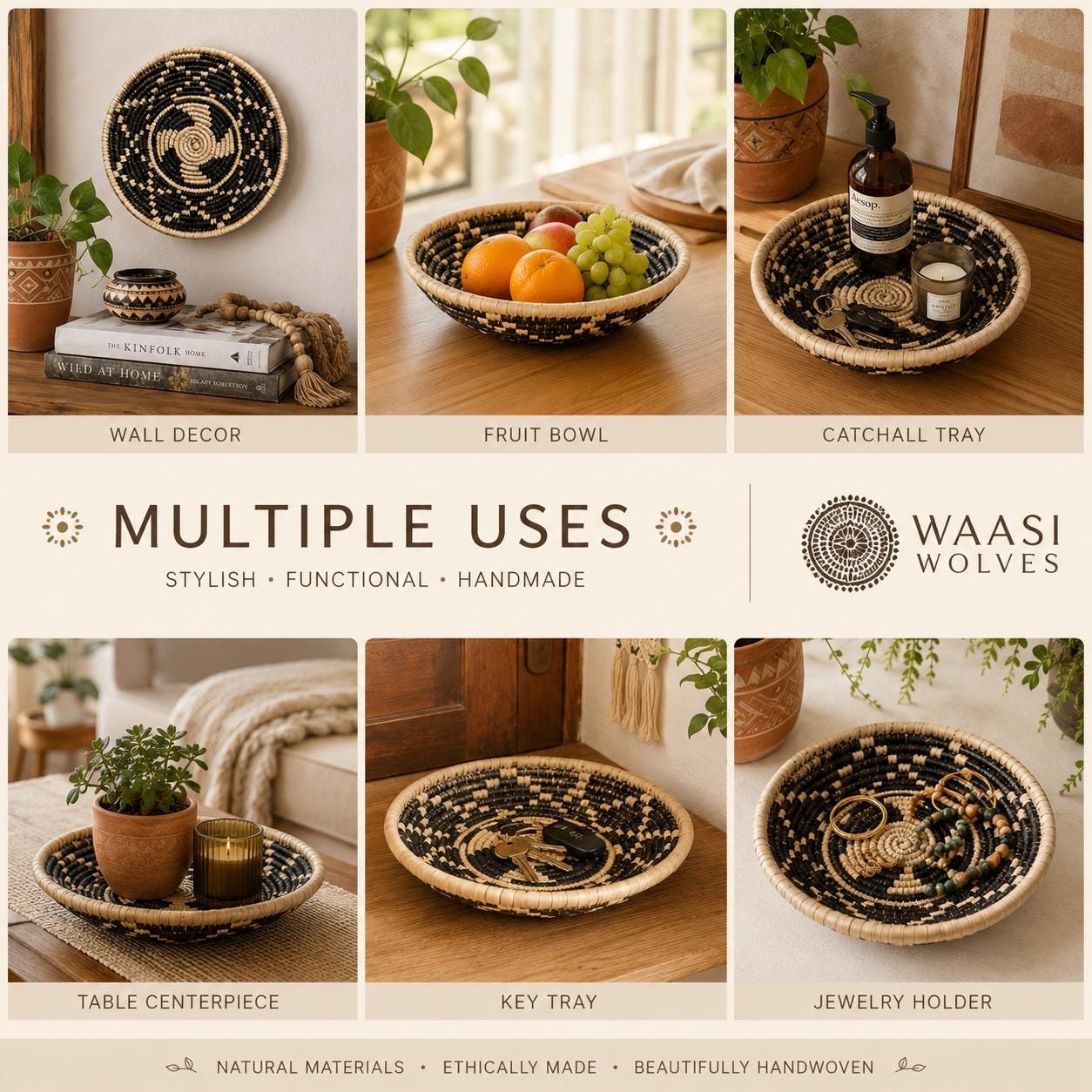 Handwoven Black & Natural Wall Basket 8 Inch | Boho Woven Wall Decor | African Inspired Basket | Decorative Bowl | Neutral Home Decor - Image 3