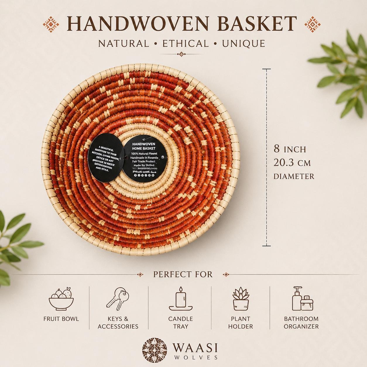Handwoven Rust & Natural Basket 8 Inch | Boho Woven Wall Decor | African Inspired Decorative Bowl | Terracotta Catchall Basket - Image 2