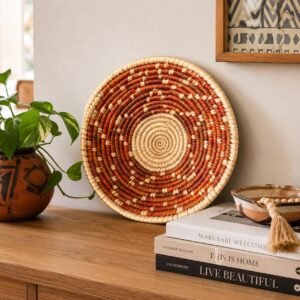 Handwoven Rust & Natural Basket 8 Inch | Boho Woven Wall Decor | African Inspired Decorative Bowl | Terracotta Catchall Basket
