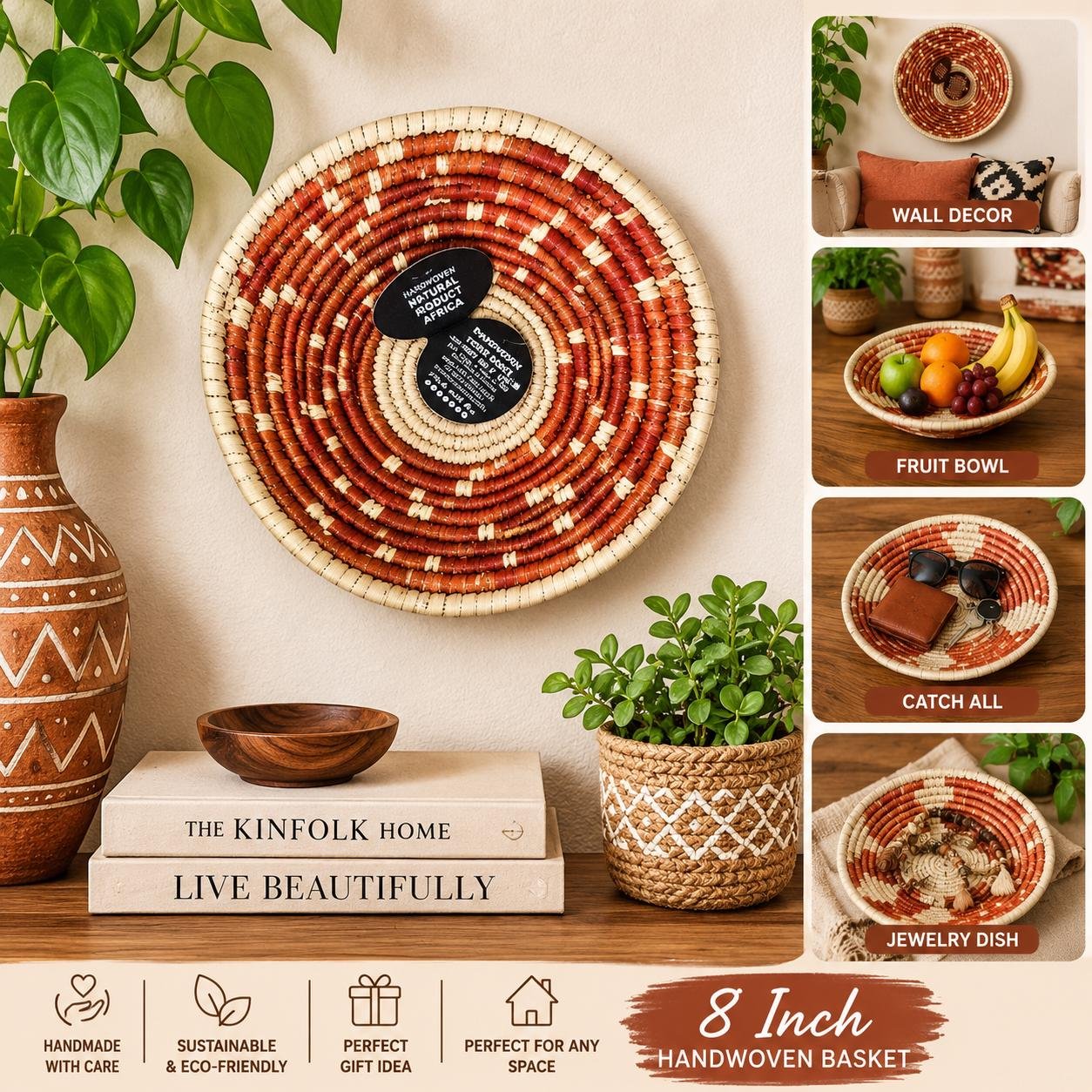 Handwoven Rust & Natural Basket 8 Inch | Boho Woven Wall Decor | African Inspired Decorative Bowl | Terracotta Catchall Basket - Image 4