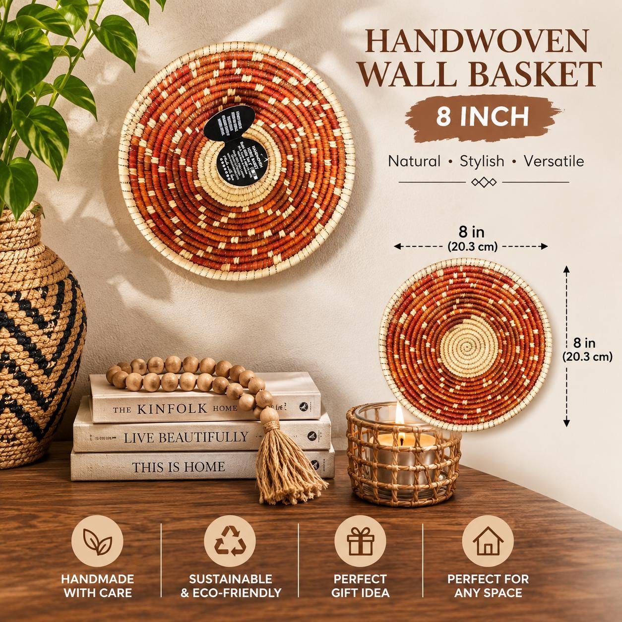 Handwoven Rust & Natural Basket 8 Inch | Boho Woven Wall Decor | African Inspired Decorative Bowl | Terracotta Catchall Basket - Image 3