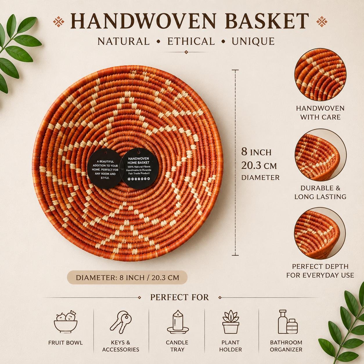 Handwoven Rust & Natural Basket 8 Inch | Boho Woven Wall Decor | African Inspired Decorative Bowl | Terracotta Catchall Basket - Image 2