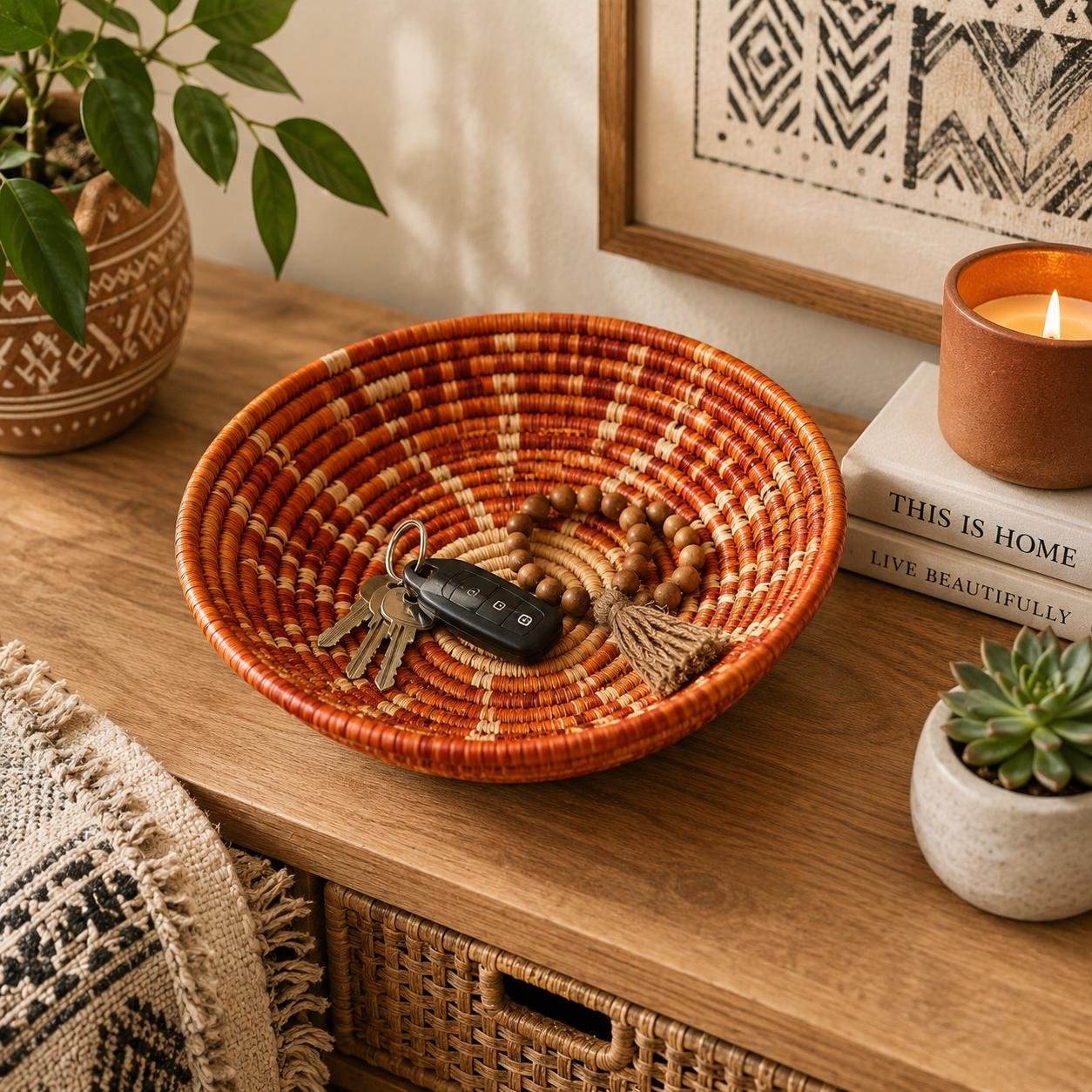 Handwoven Rust & Natural Basket 8 Inch | Boho Woven Wall Decor | African Inspired Decorative Bowl | Terracotta Catchall Basket - Image 3