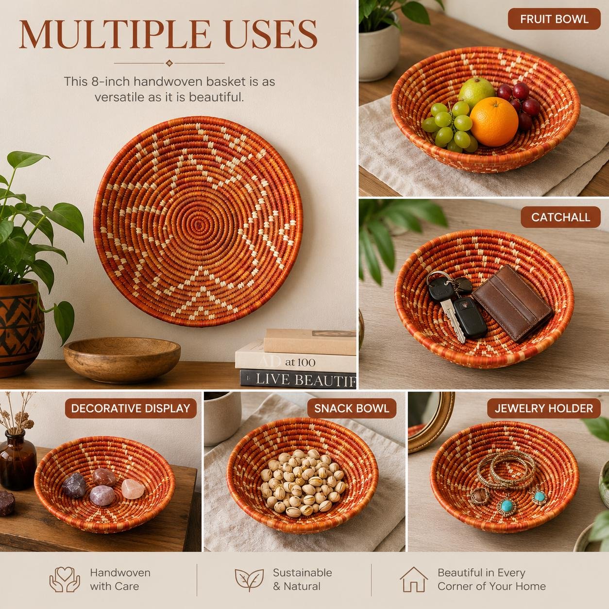Handwoven Rust & Natural Basket 8 Inch | Boho Woven Wall Decor | African Inspired Decorative Bowl | Terracotta Catchall Basket - Image 4