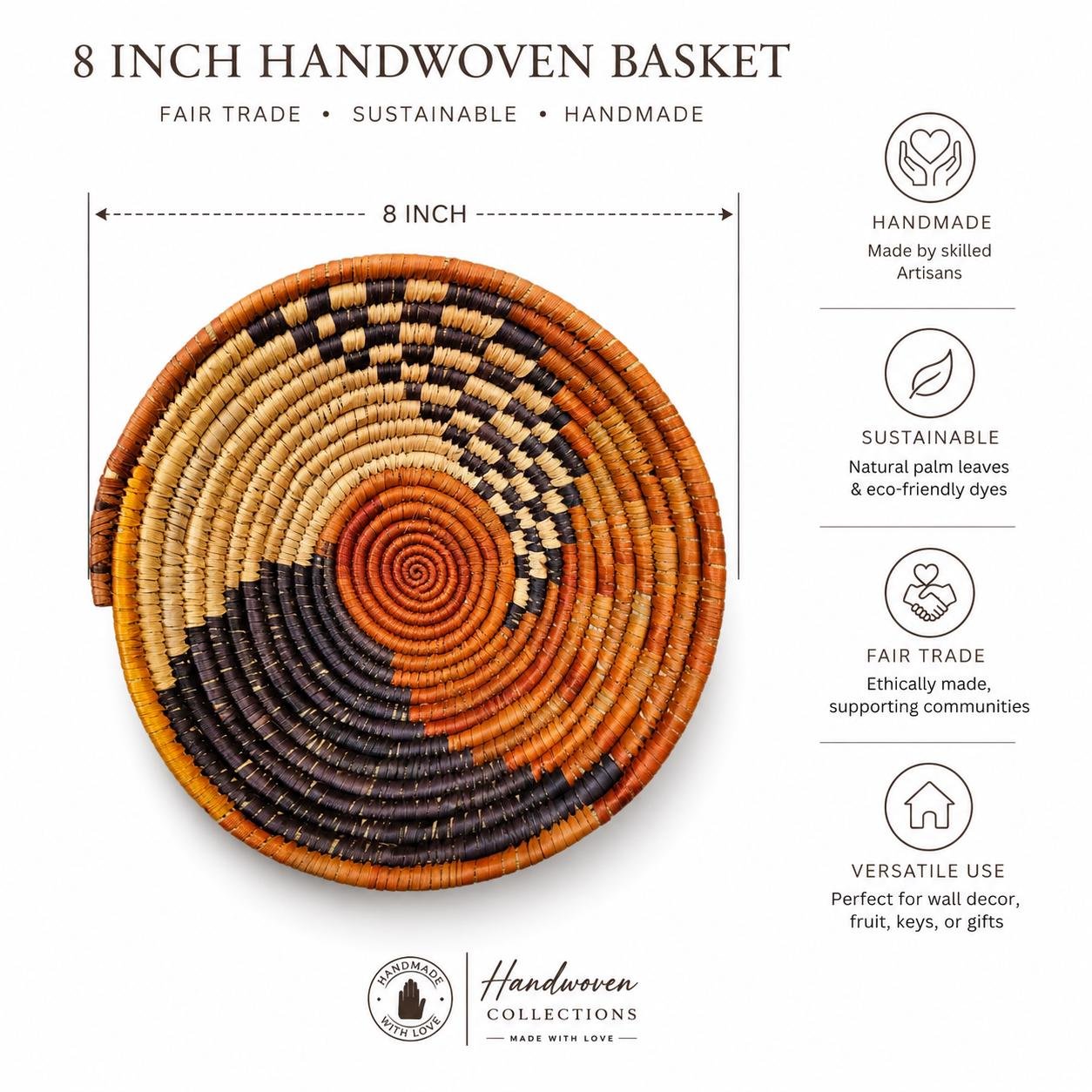 Handwoven 8 Inch Woven Basket | Terracotta Navy Natural Boho Decor | Small Decorative Bowl | African Inspired Basket | Shelf & Table Decor - Image 4