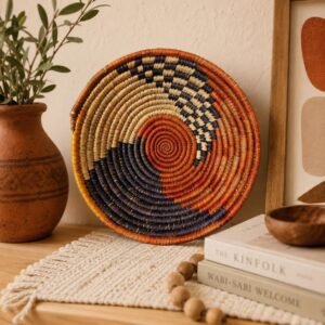 Handwoven 8 Inch Woven Basket | Terracotta Navy Natural Boho Decor | Small Decorative Bowl | African Inspired Basket | Shelf & Table Decor