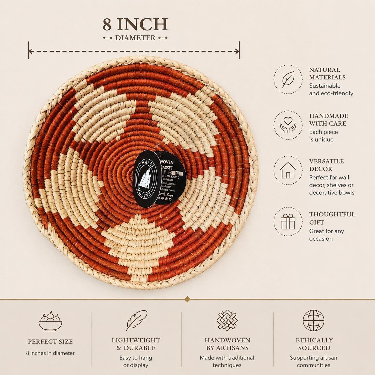 Handwoven Wall Basket 8 Inch | Terracotta Red & Natural Woven Basket | Boho African Inspired Wall Decor | Rustic Woven Wall Hanging - Image 3