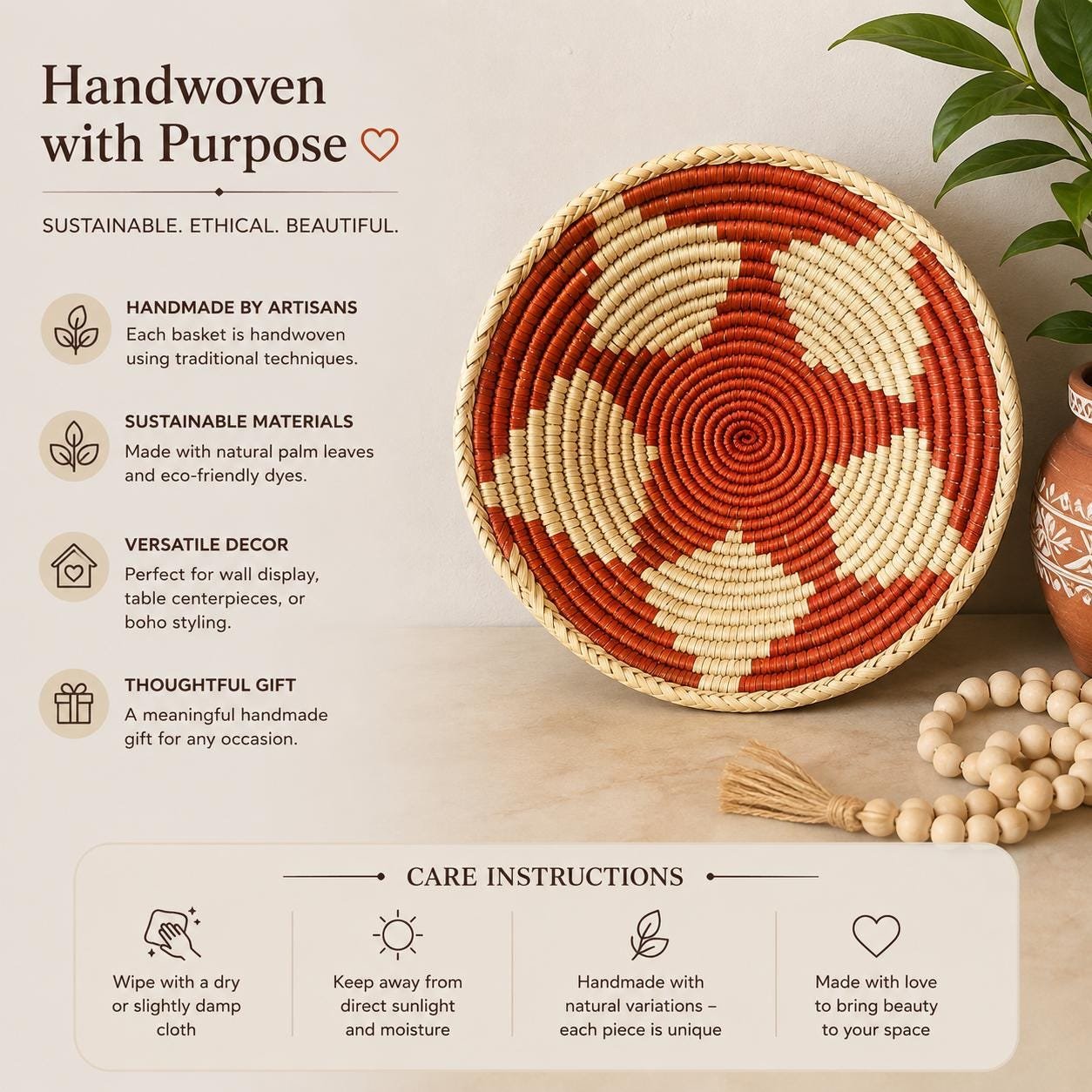 Handwoven Wall Basket 8 Inch | Terracotta Red & Natural Woven Basket | Boho African Inspired Wall Decor | Rustic Woven Wall Hanging - Image 2