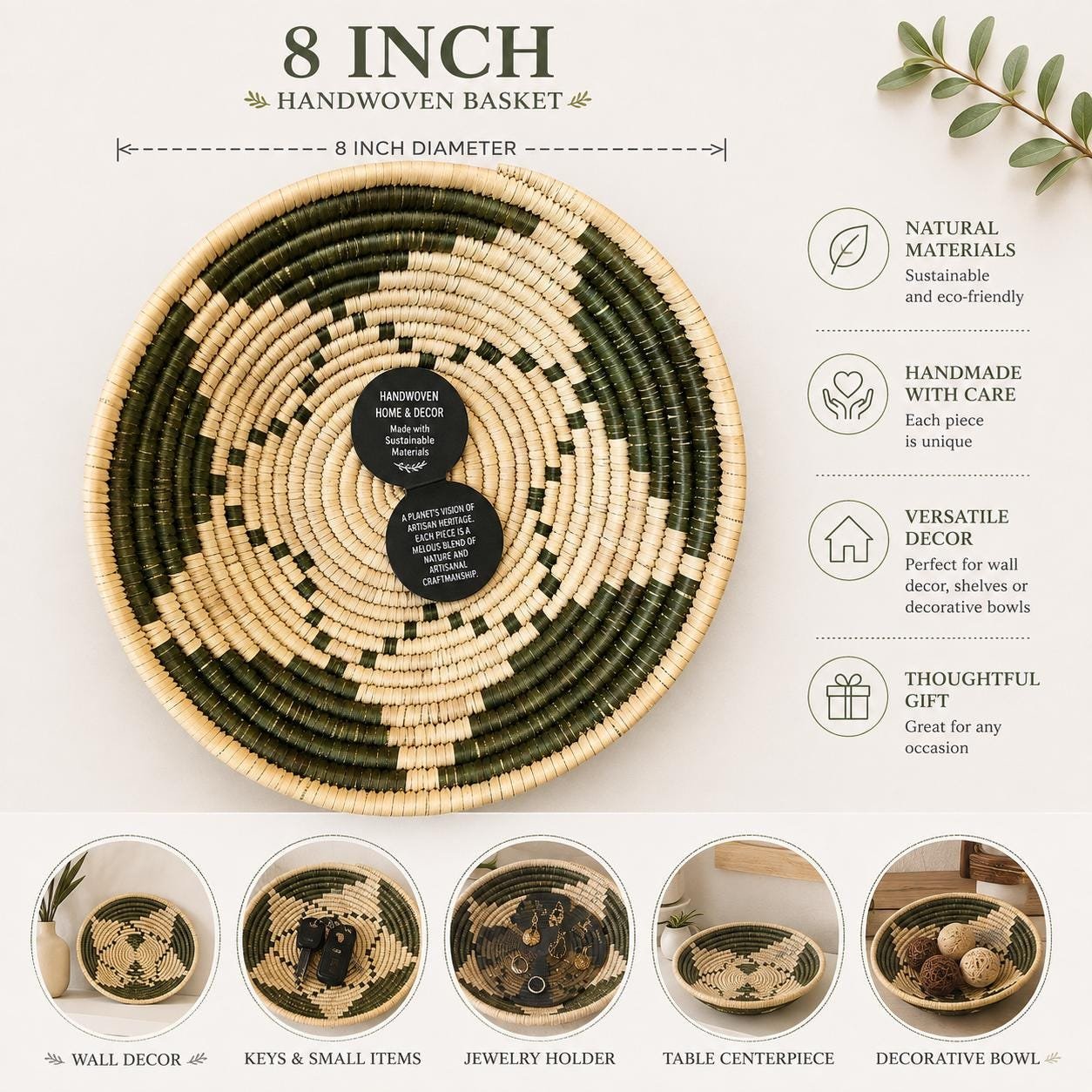 Handwoven 8 Inch Woven Basket | Olive Green & Natural Boho Decor | Small Decorative Bowl | African Inspired Wall Basket - Image 2