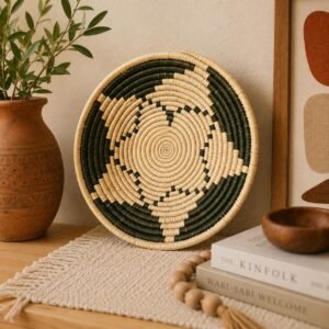 Handwoven 8 Inch Woven Basket | Olive Green & Natural Boho Decor | Small Decorative Bowl | African Inspired Wall Basket