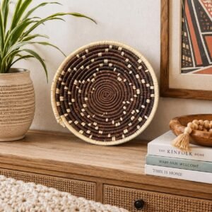 Handwoven 8 Inch Woven Basket | Brown & Natural Boho Wall Decor | African Inspired Basket | Decorative Fruit Bowl Catchall