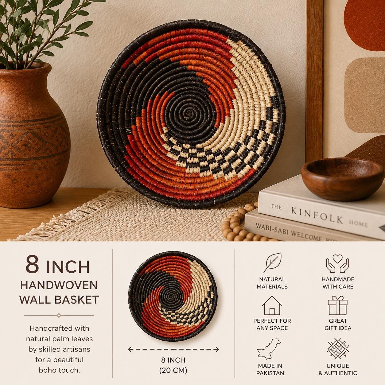 Handwoven 8 Inch Basket | Terracotta Brown & Cream Boho Wall Decor | African Inspired Woven Basket | Decorative Bowl Catchall - Image 2