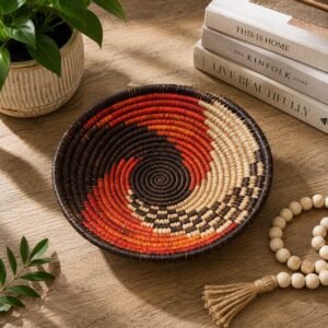Handwoven 8 Inch Basket | Terracotta Brown & Cream Boho Wall Decor | African Inspired Woven Basket | Decorative Bowl Catchall