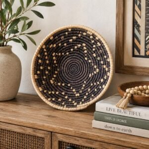 Handwoven 8 Inch Woven Basket | Dark Brown & Natural Boho Wall Decor | Small Decorative Bowl | African Inspired Basket