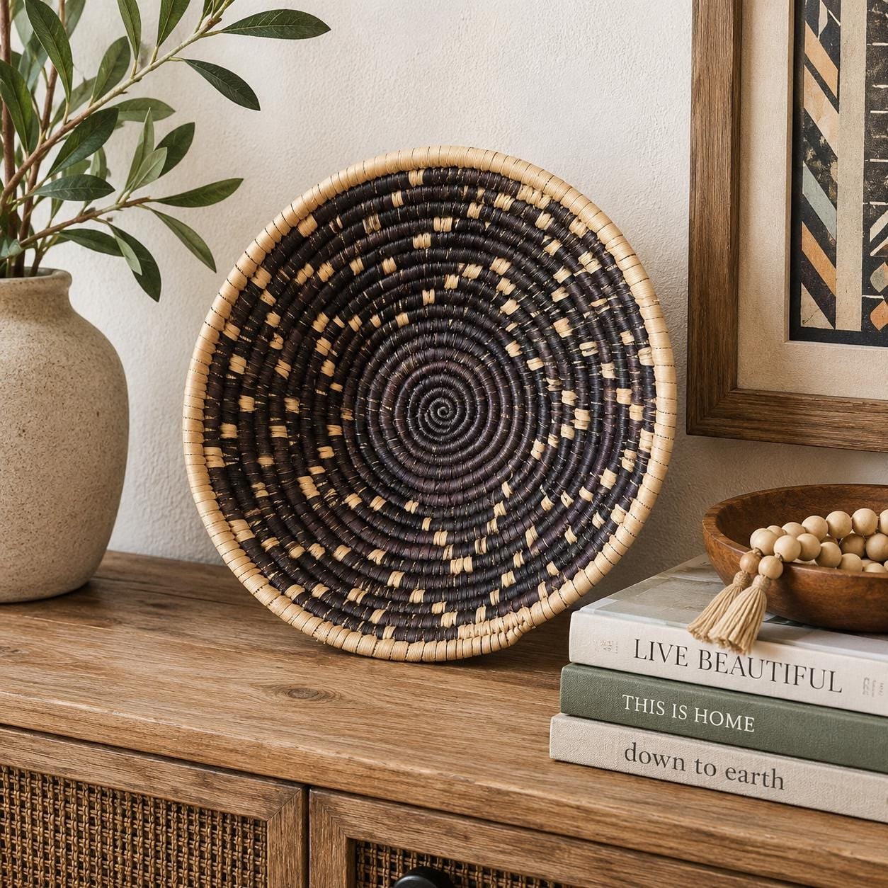 Handwoven 8 Inch Woven Basket | Dark Brown & Natural Boho Wall Decor | Small Decorative Bowl | African Inspired Basket
