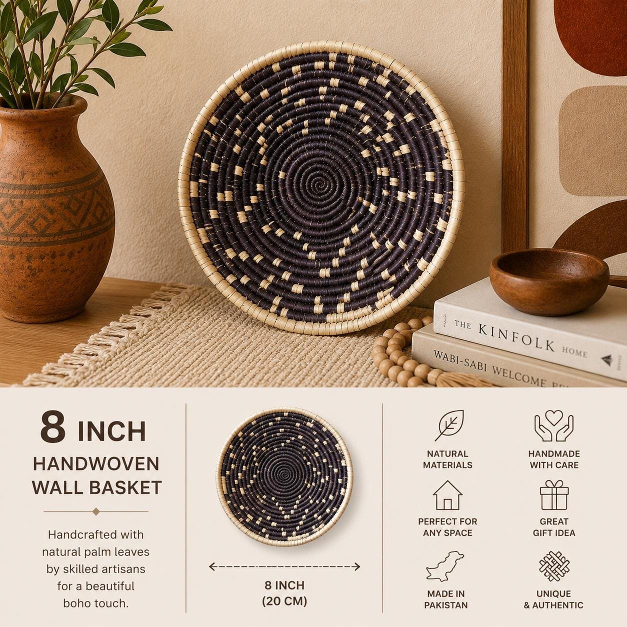 Handwoven 8 Inch Woven Basket | Dark Brown & Natural Boho Wall Decor | Small Decorative Bowl | African Inspired Basket - Image 2