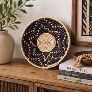 Handwoven Wall Basket 8 Inch | Deep Purple & Natural Woven Basket | Boho African Inspired Wall Decor | Handmade Woven Wall Hanging