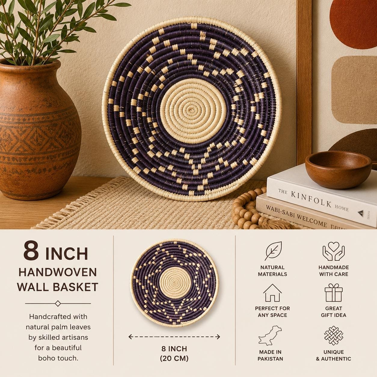 Handwoven Wall Basket 8 Inch | Deep Purple & Natural Woven Basket | Boho African Inspired Wall Decor | Handmade Woven Wall Hanging - Image 3