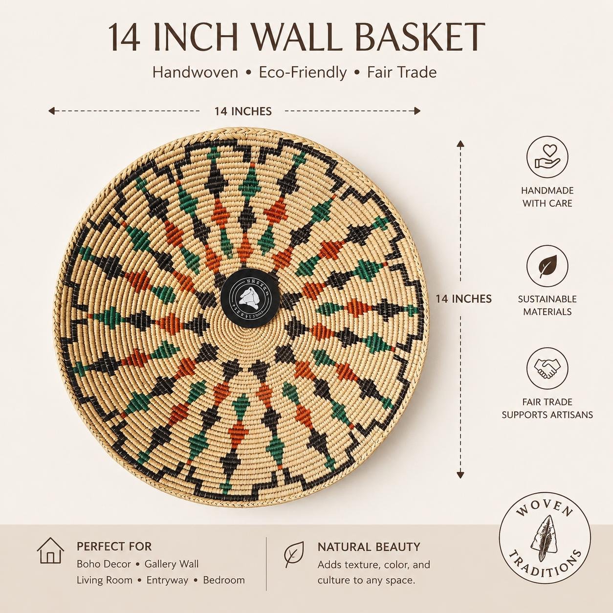 Handwoven 14 Inch Wall Basket | Teal Rust & Brown Woven Wall Decor | Geometric Boho Basket Wall Art | African Inspired Home Decor - Image 2