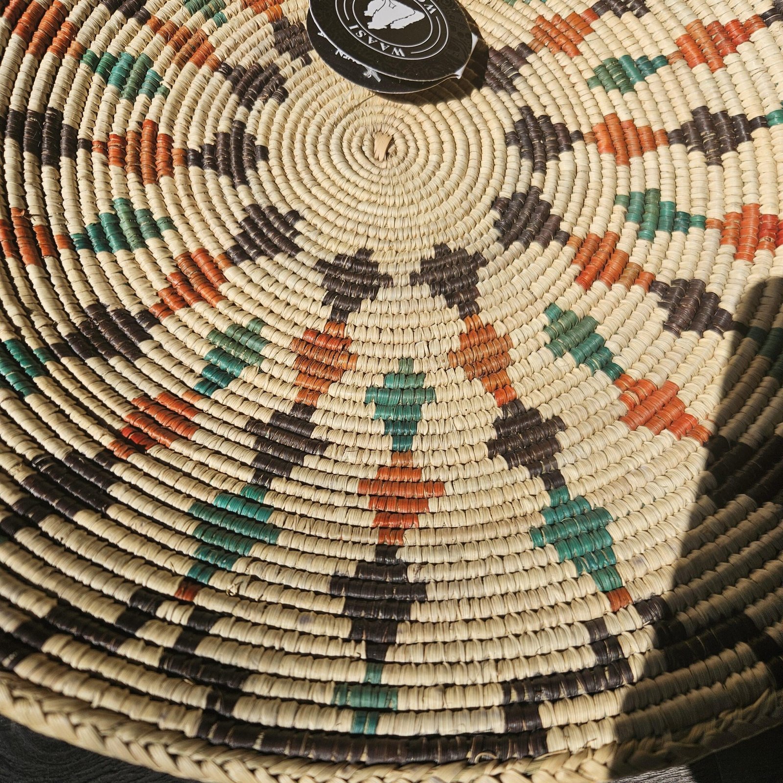 Handwoven 14 Inch Wall Basket | Teal Rust & Brown Woven Wall Decor | Geometric Boho Basket Wall Art | African Inspired Home Decor - Image 5